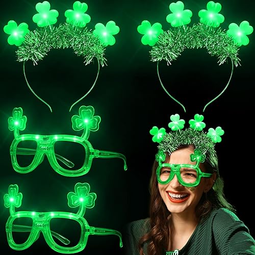 4 diademas iluminadas para el día de San Patricio, tréboles verdes de oropel, tréboles de trébol y anteojos LED verdes para San Patricio, accesorios