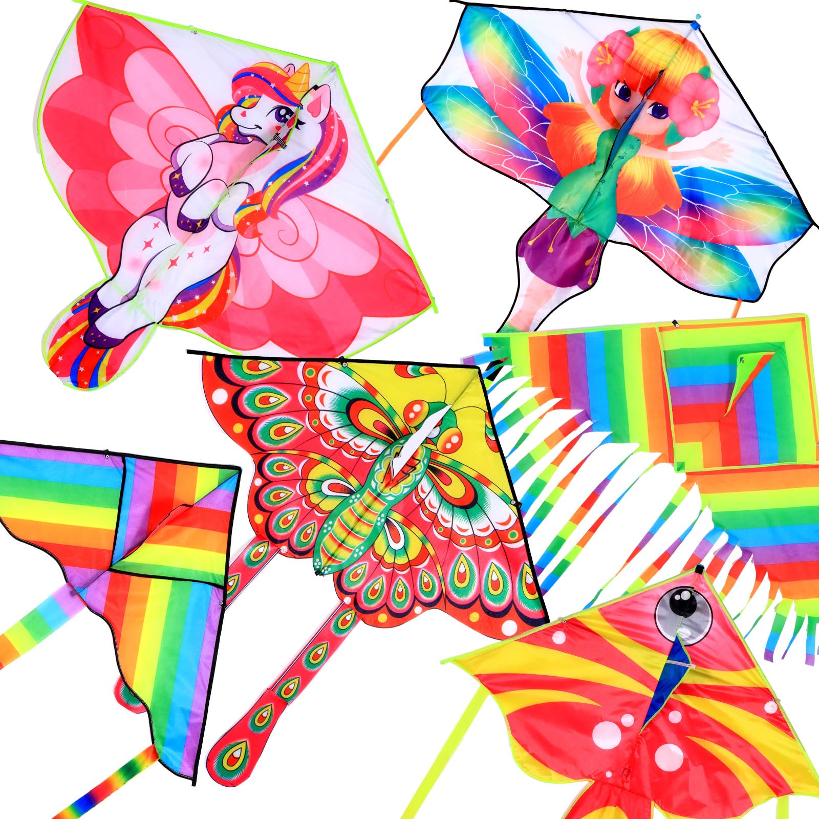 6 Pcs Kites for Kids and Adults Large Kites Easy to Fly with Long Colorful Tail Kite with 6 Pcs 328 ft String and Handle for Spring Park Outdoor Games(Unicorn)