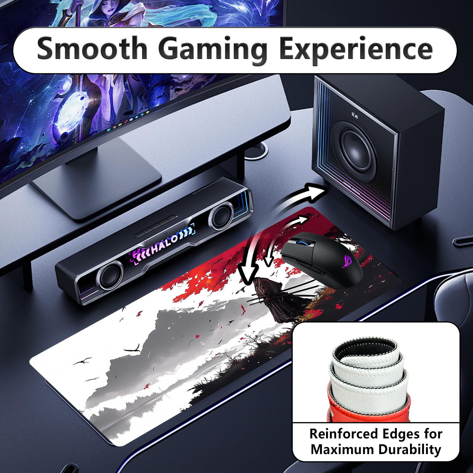 Tapis de Souris de Jeu Japonais XXL 800x300x3mm, Tapis de Bureau Antidérapant et Imperméable à Bords Cousus pour Gamer, PC et Ordinateur Portable (Jeu2)