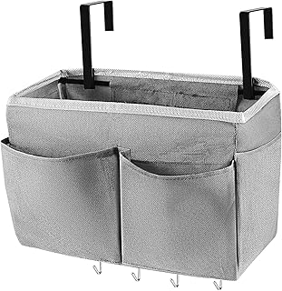 Frjjthchy Bedside Storage Organizer 5 Pockets with 4 Hooks Hanging Storage Bag for Headboards/Bunk Bed (Grey)