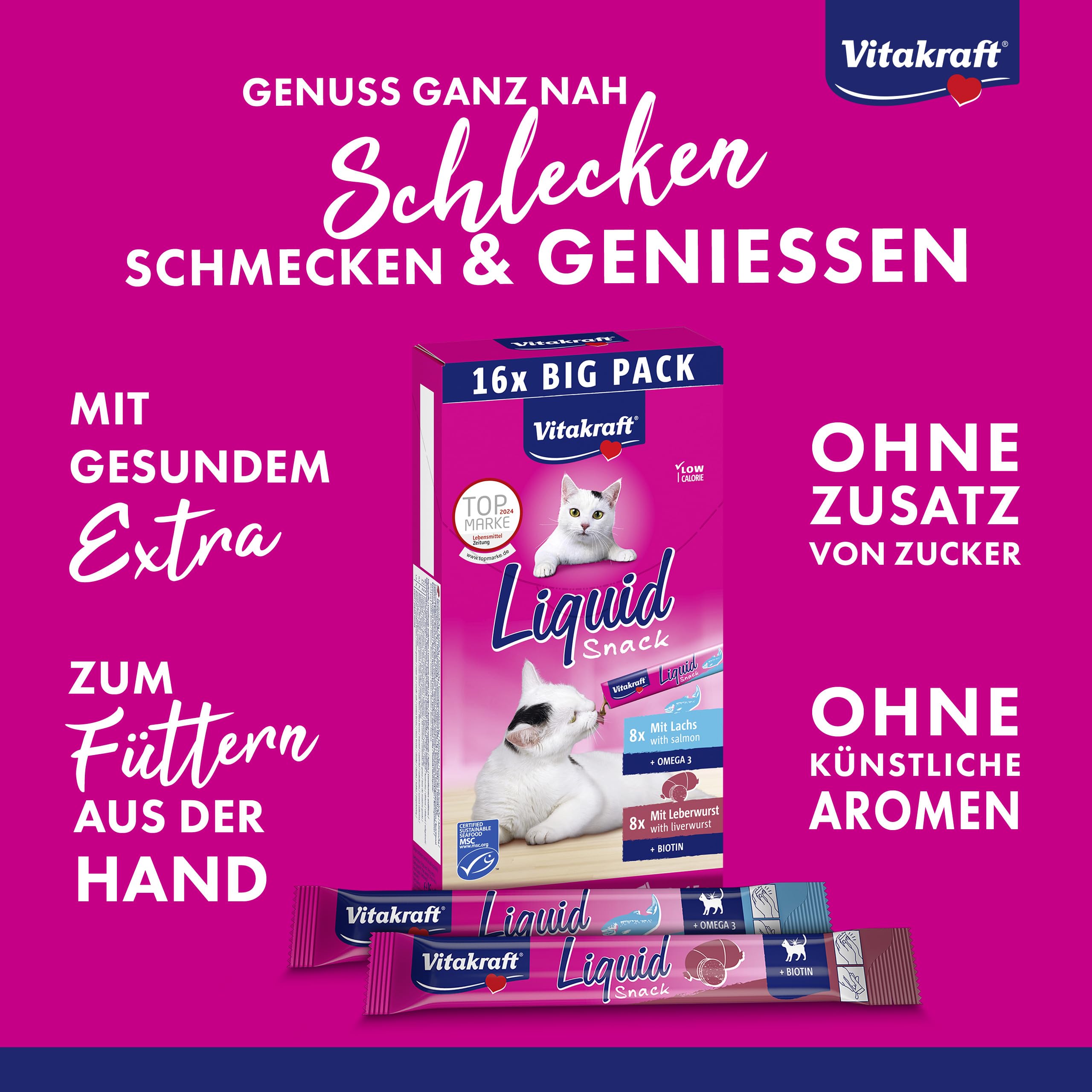 Vitakraft Liquid Snack, golosina para gatos, snack cremoso para gatos, con salchicha de hígado y biotina, con salmón y omega 3, en bolsitas individuales, 1 paquete de almacenamiento (16x 15g)