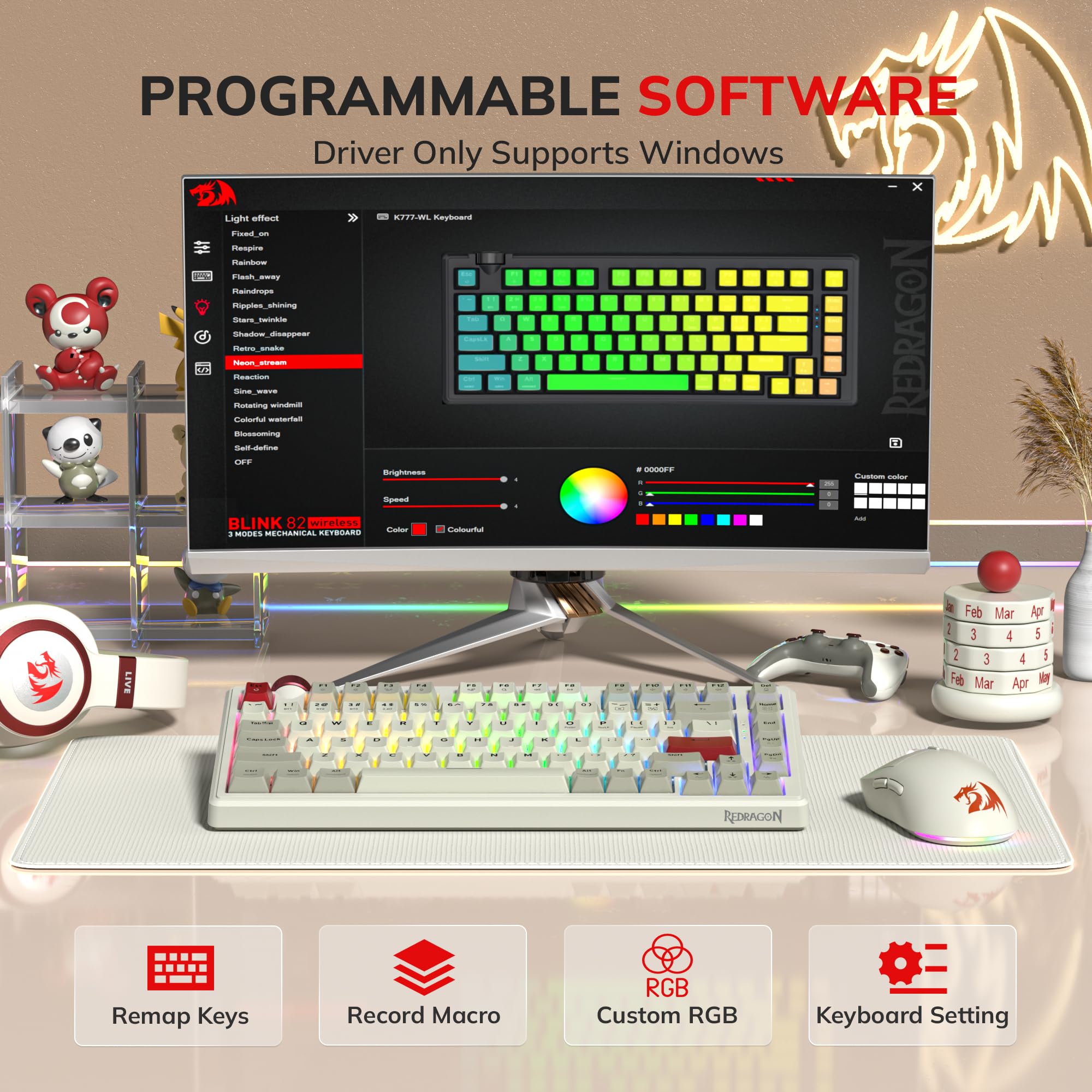 Redragon K777 - Tastiera meccanica da gioco wireless al 75%, sostituibile a caldo, con manopola, suono cremoso Thocky, tri-mode BT5.0/2,4 GHz/USB-C, North-Facing RGB, per PC e Mac (grigio e beige)