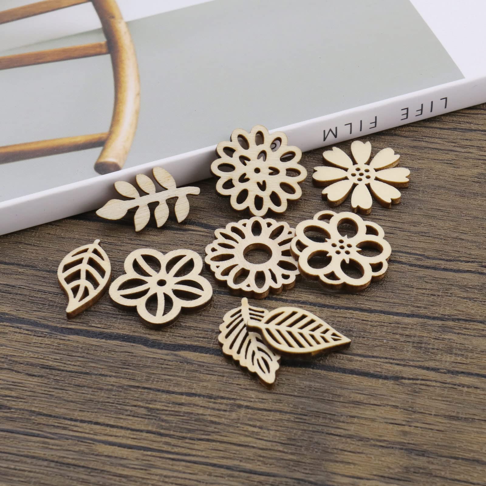 100 Pezzi Di Formine In Legno Fiori E Foglie - Forme Decorative Per Scrapbooking, Card Making, Bomboniere E Progetti Fai Da Te - 9 Sagome Diverse