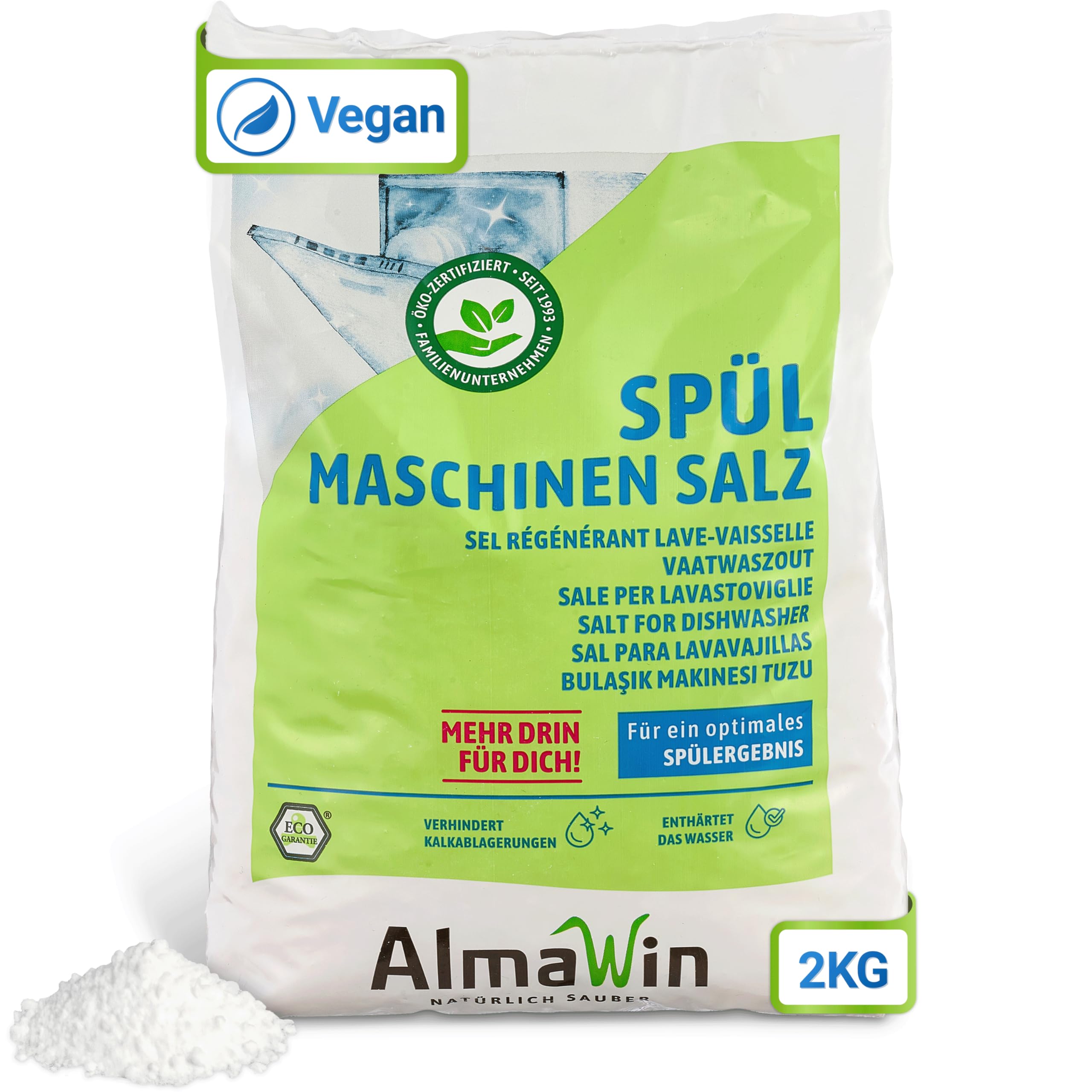 AlmaWin® Spülmaschinen Salz [18x 2kg] zum Schutz vor Kalkablagerungen & Wasserflecken - Geschirrspüler Salz für optimale Spülergebnisse - Regeneriersalz, Spezialsalz - 100% Natürlich, Bio & VEGAN