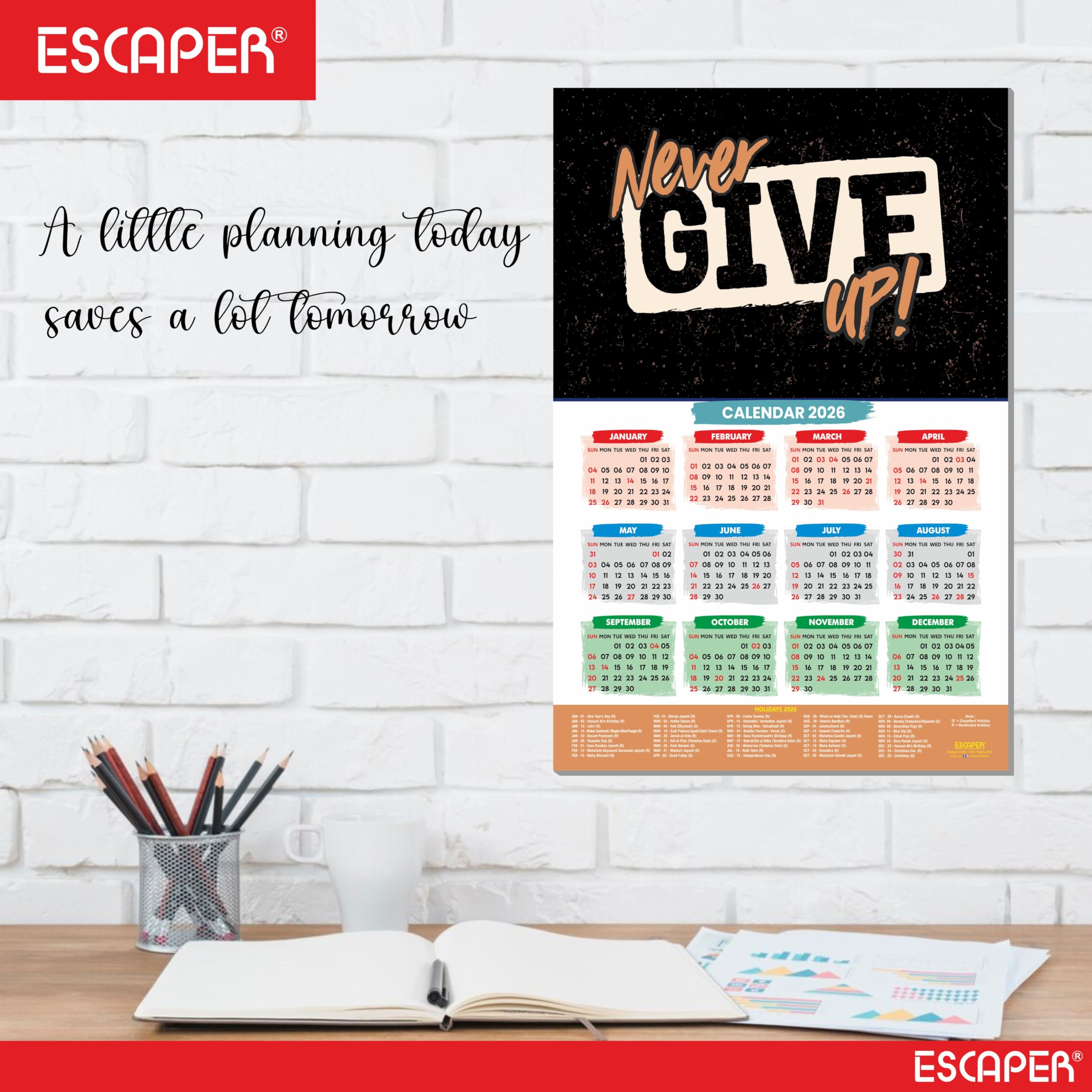 ESCAPER Calendario motivacional de pared de Año Nuevo 2026 - 45 x 30 cm, papel laminado de 300 g/m² con parte trasera autoadhesiva, calendario de citas inspiradoras para estudiantes, decoración del