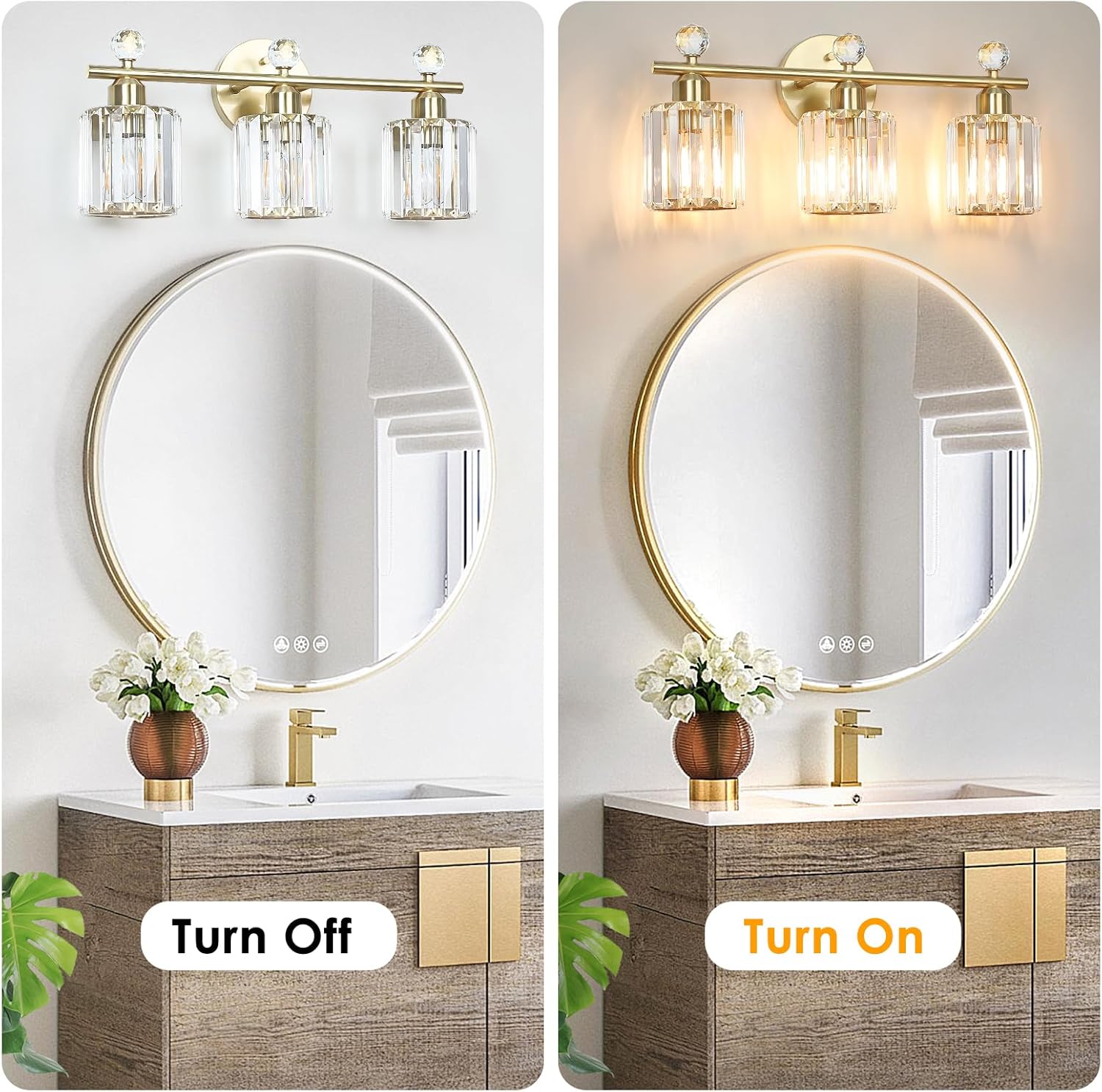 3-Light Gold Bathroom Light Fixtures Modern K9 Crystal Vanity Lights Wall Sconce with Stainless Steel Base, Elegant Bathroom & Bedroom Lighting, Secure Packaging