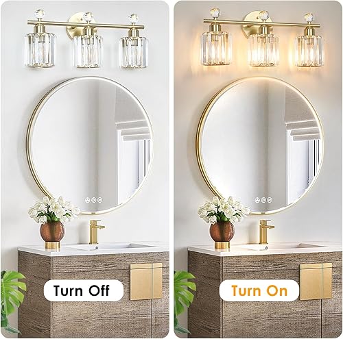 Miniatura 4 de Lámparas de baño doradas de 3 luces, modernas luces de tocador de cristal K9, aplique de pared con base de acero inoxidable, elegante iluminación de
