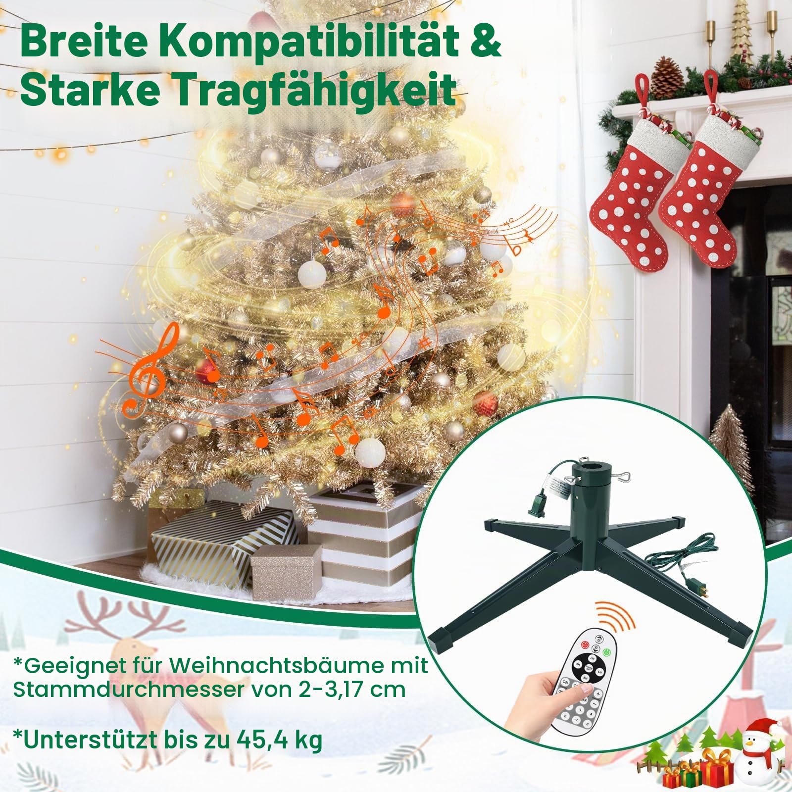 Axcoix Drehbarer Weihnachtsbaumständer, verstellbare Baumständer mit Fernbedienung, Musik, Geschwindigkeit und Licht, künstlicher Weihnachtsbaumständer für bis zu 2,4 m bis zu 45,4 kg Baum