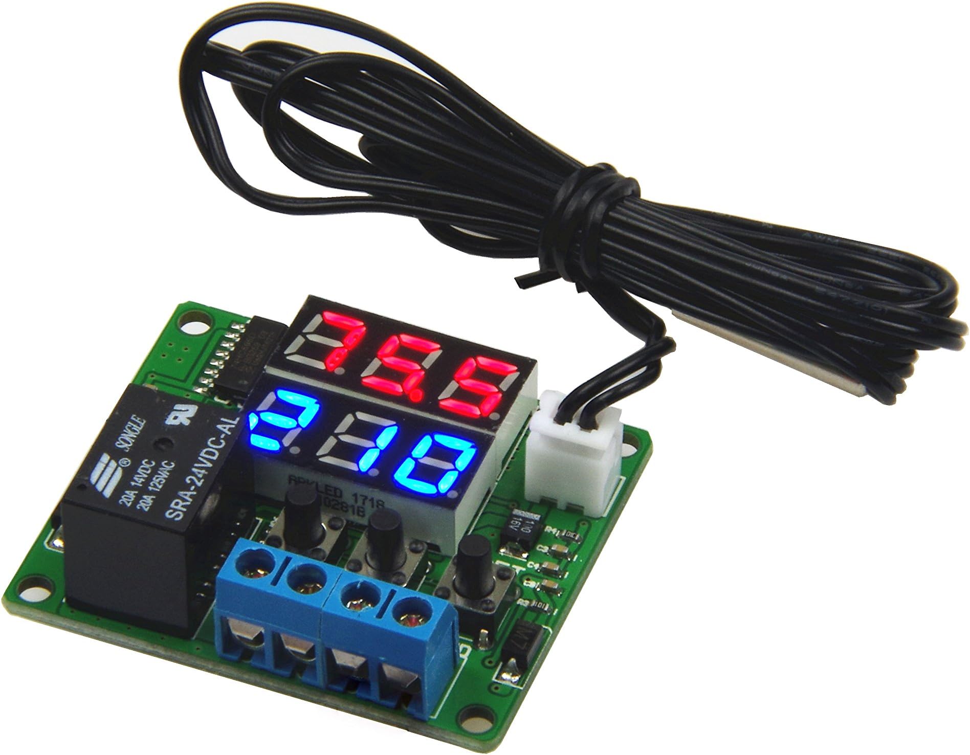 LM YN DC 24V Digital Thermostat Module -58℉ to 257℉ Fahrenheit Temp Display Temperature Controller Board with 20A Relay Waterproof Sensor Probe Dual LED Display Red Blue