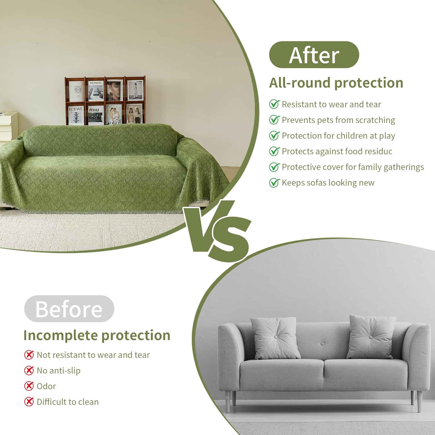 VANJOROY Green Oversized Couch Sofa Cover for 3-4 Cushion Sectional Sofa L-Shape -Washable Chenille Couch Cover for Dogs Pets, Boho Couch Cover Protector Soft Sofa Slipcovers with Tassel,91"x 150"