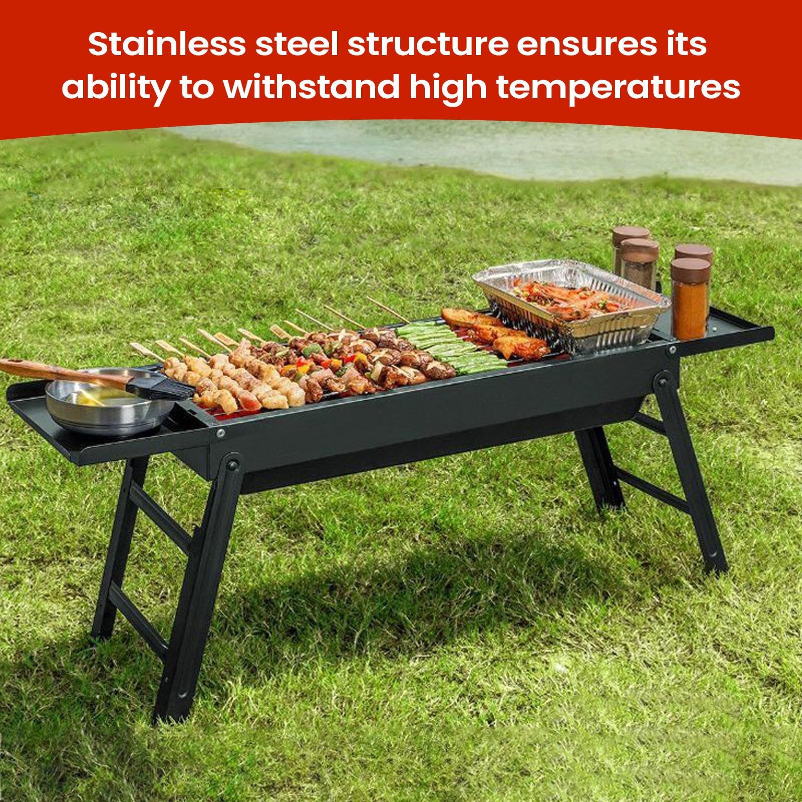 Griglia Per Barbecue Fornello Pieghevole | Griglia A Carbone Barbecue Da Esterno Con Vassoi Laterali per Giardino Campeggio Balcone Spiaggia Cucina Picnic Viaggio