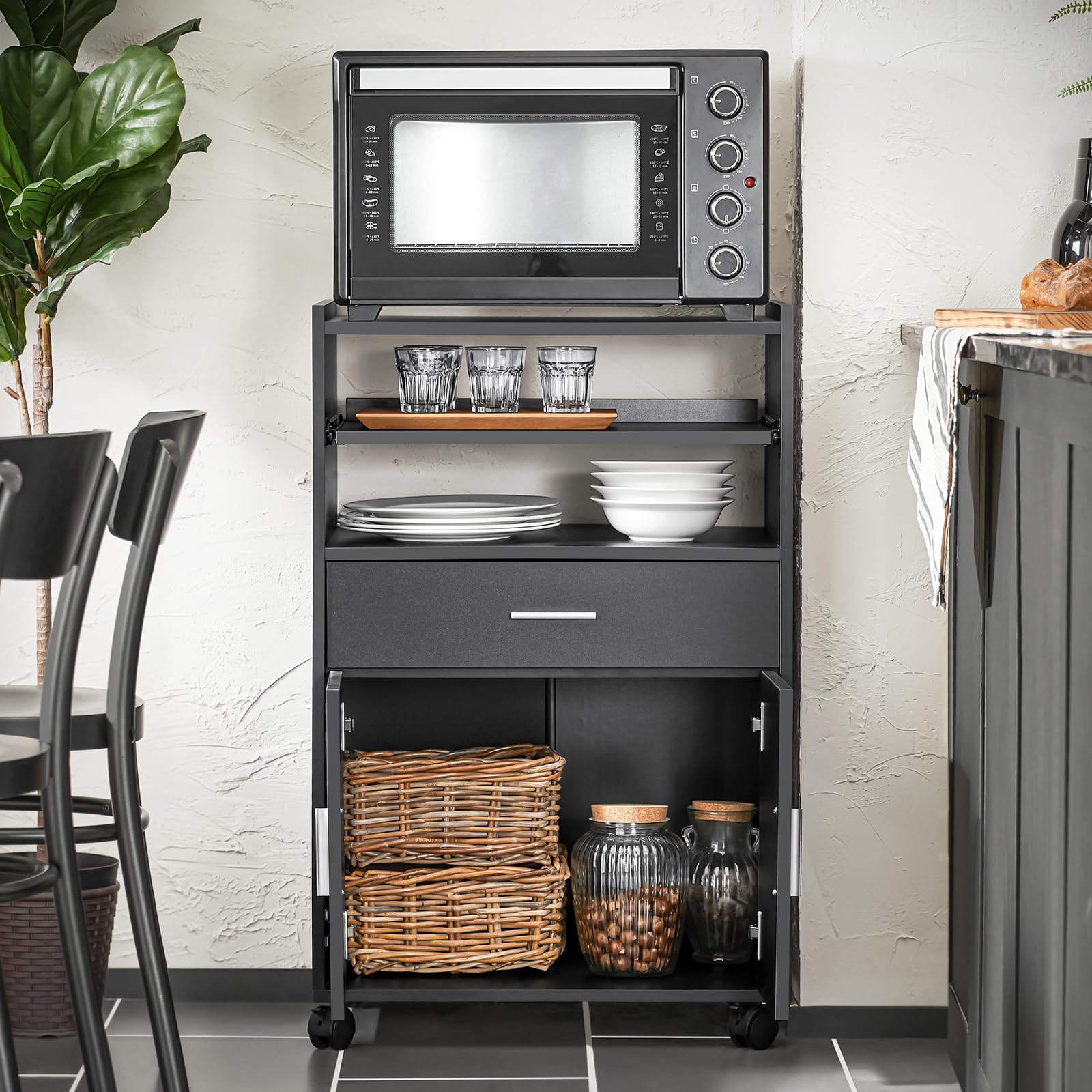 SoBuy Küchenwagen mit Rollen und Arbeitsplatte – Mikrowellenschrank mit Rollen, Kaffeewagen mit ausziehbarer Ablage, für Singleküche, Büro, Esszimmer und Outdoor Schwarz BHT ca. 59x92x40cm FSB09-SCH