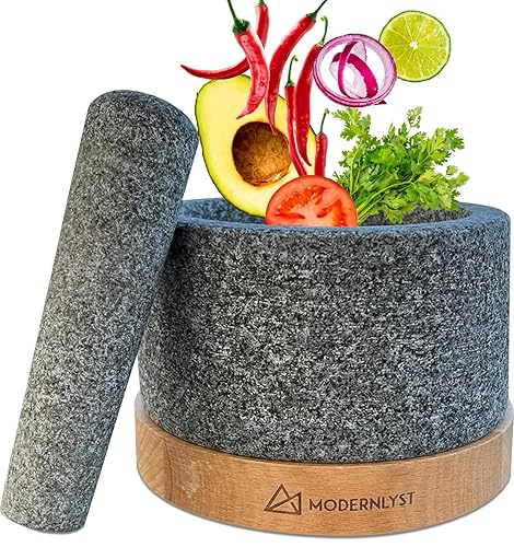 Miniatura 7 de Juego de mortero y mortero sin pulir grande  100% granito resistente  Molcajete Mexicano  Capacidad de 2 tazas  Base de madera duradera  Cuenco de