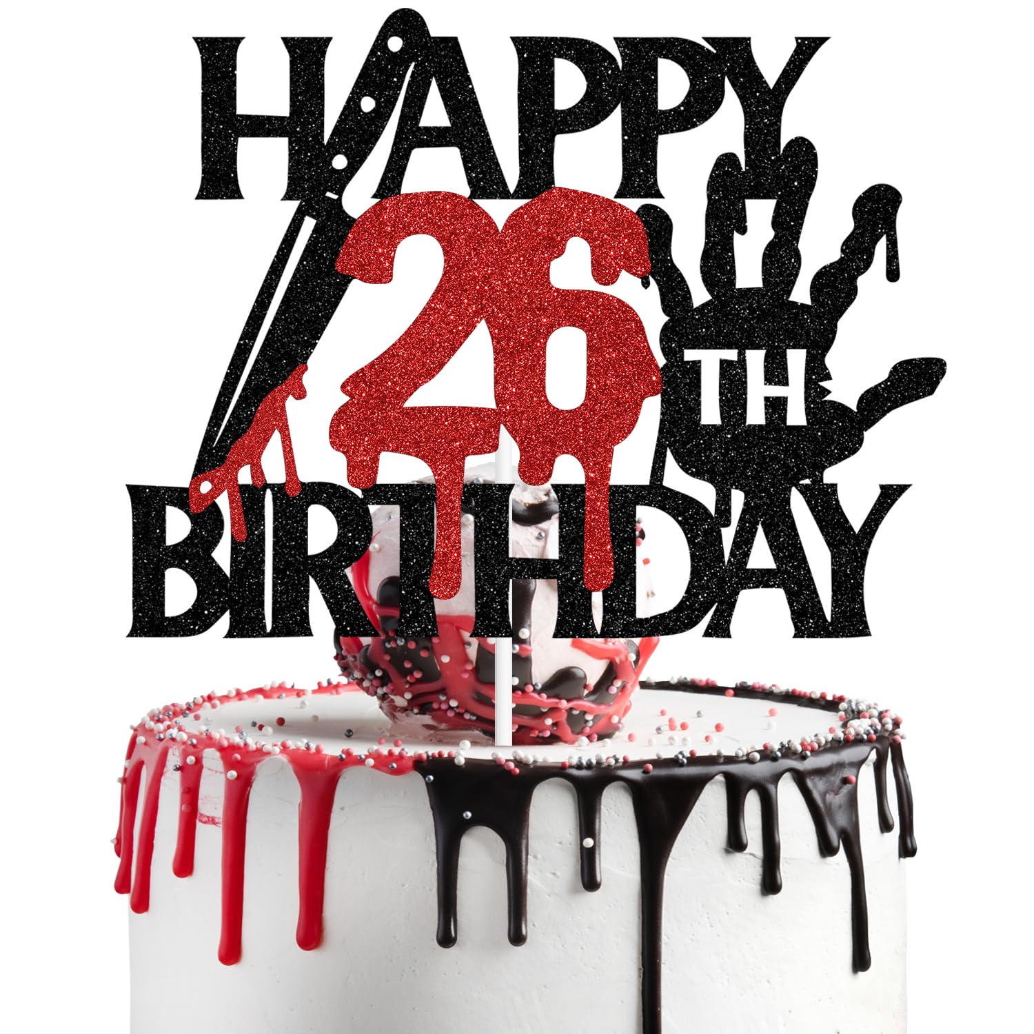 Black Glitter Killer Happy 26th Birthday Cake Topper, Halloween Zombie Vampire Bloody Friday Birthday Décor, Halloween Horror Themed 26th Birthday Party Decorations