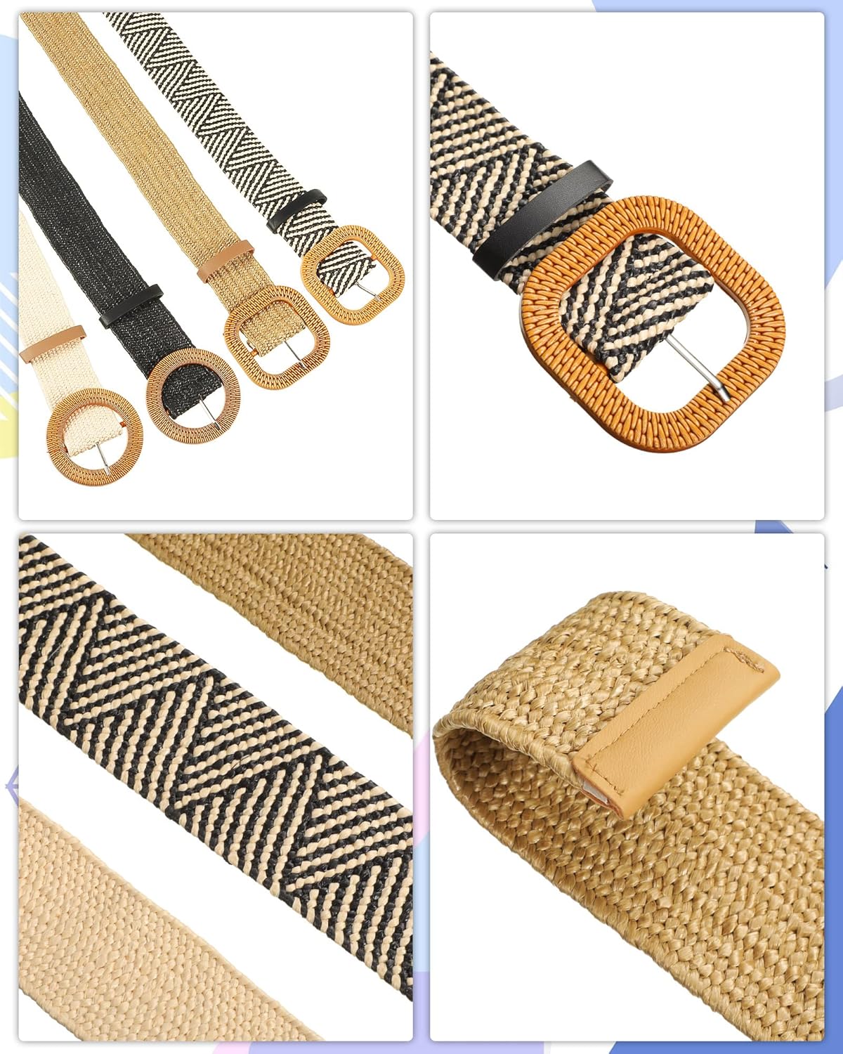 WILLBOND 4 Pcs Straw Woven Belt Elastic Stretch Rattan Buckle Waist Belt Women Skinny Raffia Dress Waist Band - Image 6