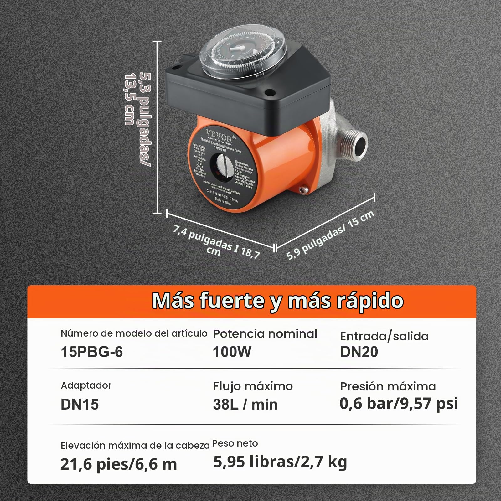 VEVOR Bomba de Circulación de Agua Caliente 100 W Bomba de Presión Circulador Auto Silenciador Acero Inoxidable Entrada Salida DN20 Adaptador DN15 para Sistema de Calentador de Agua Grifo de Ducha
