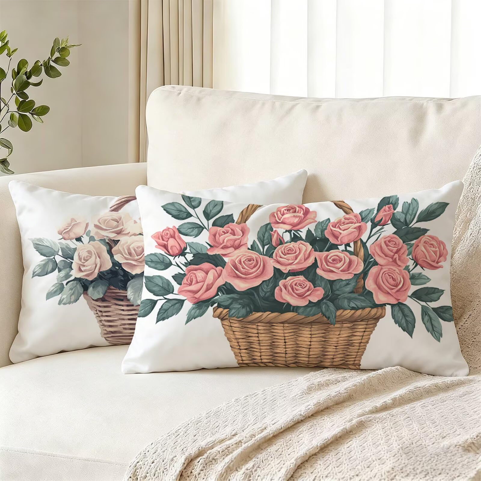 Housse coussin extérieur imperméable rose 70 x 90 cm taie oreiller jardin lin fleur
