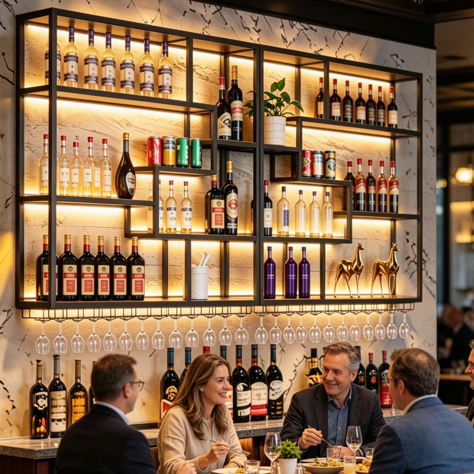 200CM Botellero Pared Vino Negro 200cm con LED y Portacopas | De hierro y madera estilo industrial. Gran capacidad, módulos combinables. Incluye tira LED. Ideal para bar, cocina y comedor