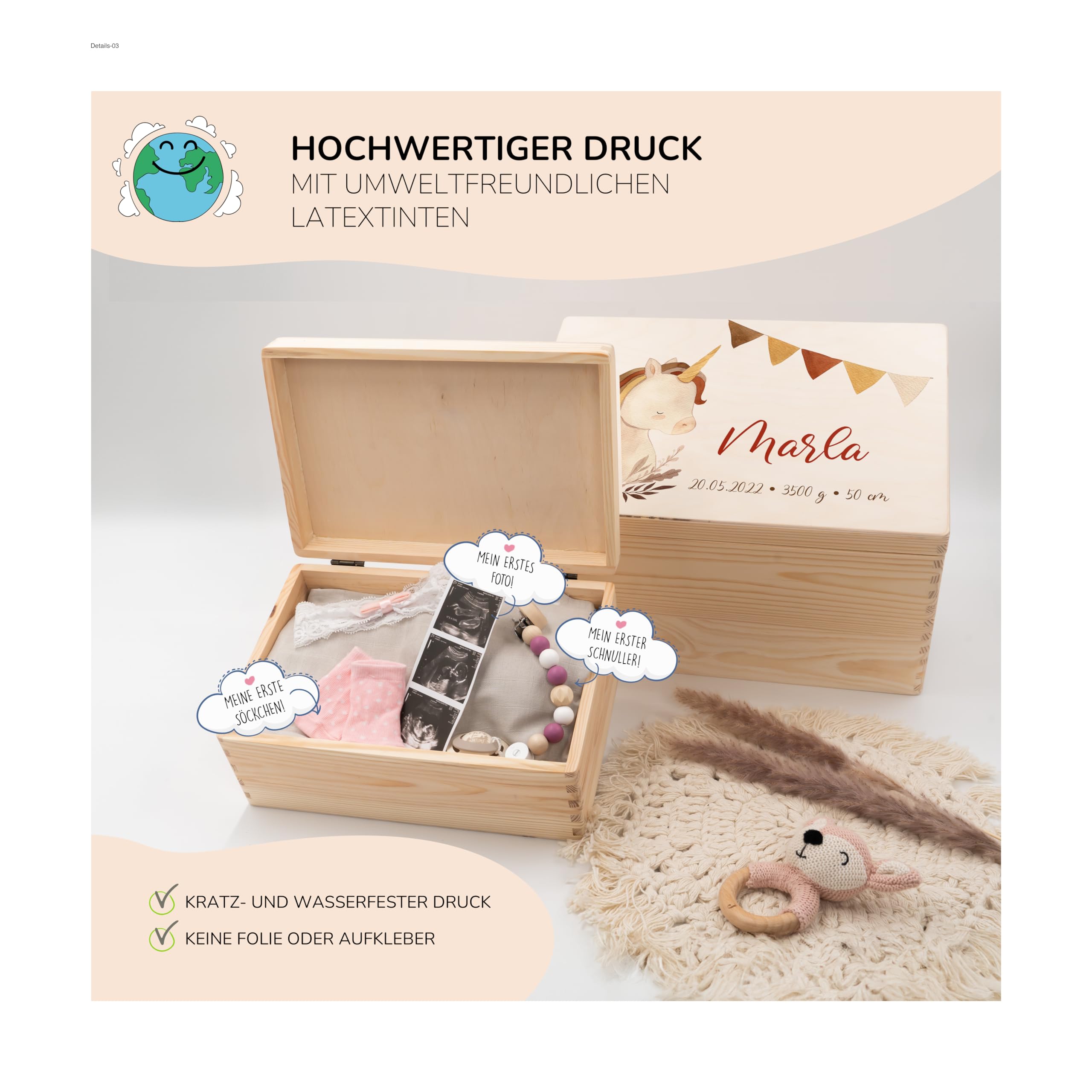 KIDSMOOD - Erinnerungsbox Baby, personalisierte Holzkiste mit Deckel, Ideal zur Aufbewahrung von Erinnerungen und als Geschenk zur Geburt, Taufe oder als Geburtstagsgeschenk für Mädchen und Jungen