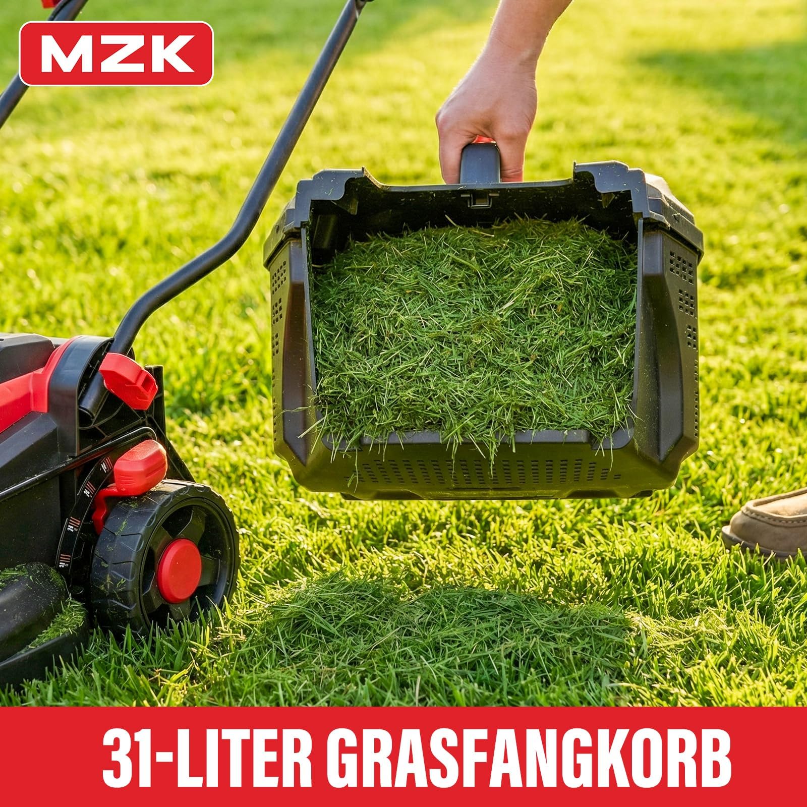 MZK 20V Akku-Rasenmäher 34 cm, bürstenlos, 2X 4Ah Akku | Leiser Schiebemäher mit 31L Fangkorb und 4 Schnitthöhen; ideal für kleine bis mittlere Rasenflächen.
