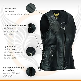 Leatherick Women Top Grain Genuine Buffalo Black Ladies Leather Vests for Motorcycle Bikers