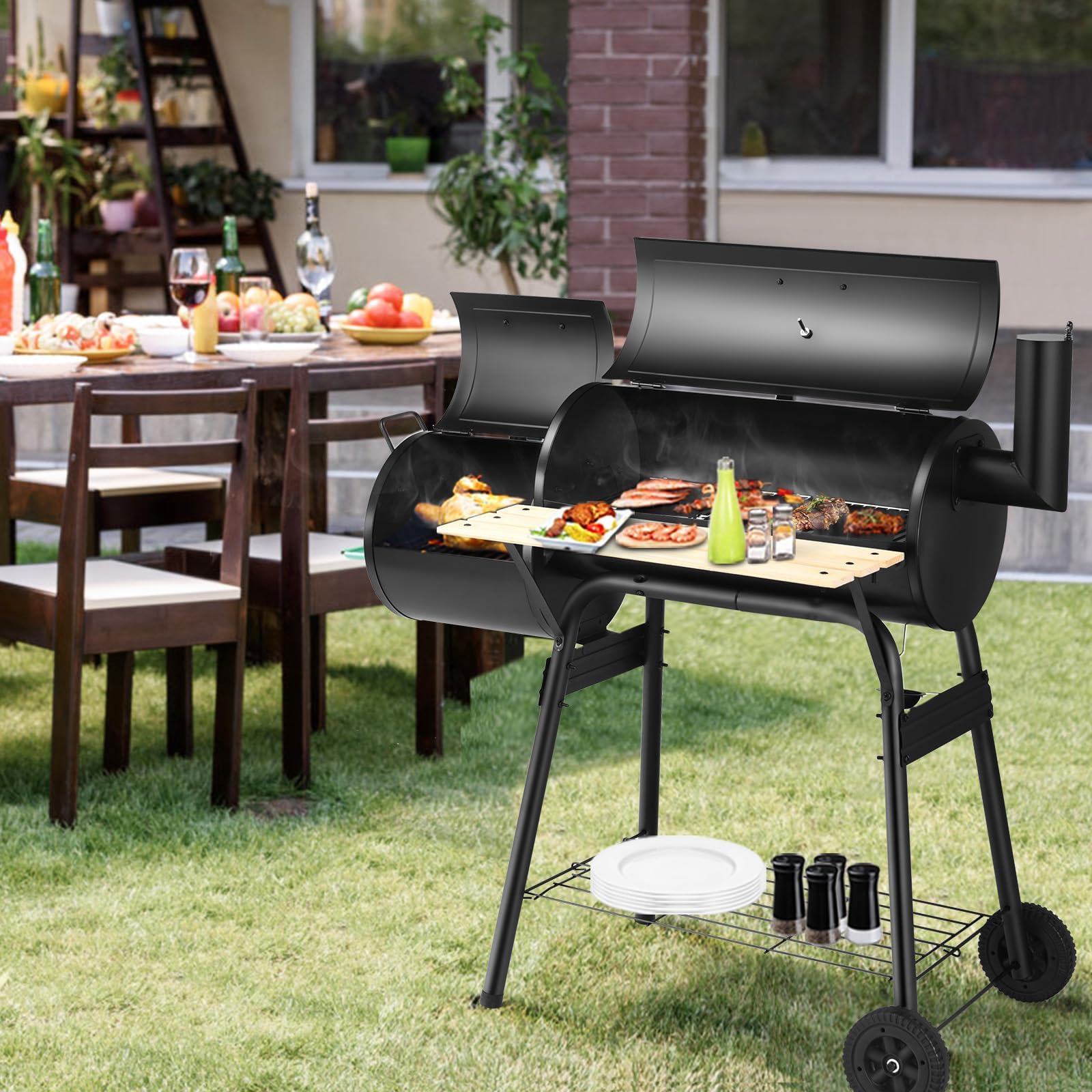 KOMFOTTEU Barbacoa de Carbón con Ruedas y Termómetro, Parrilla de Acero con Chimenea, Barbacoa Ahumadora al Exterior con Mesa Lateral y Estante Inferior, 115 x 65 x 108 cm