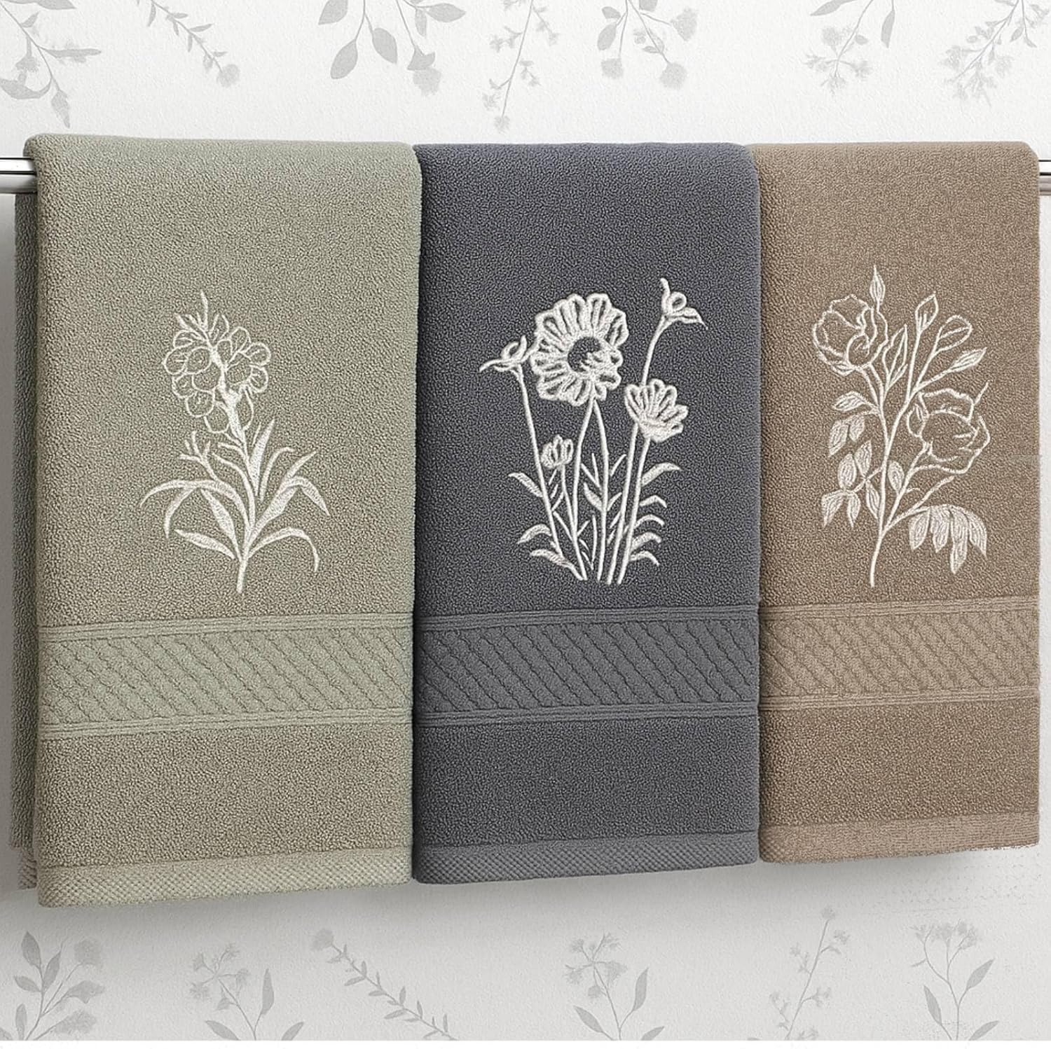 Fanfanwin Boho Floral Embroidered Hand Towels Set of 3 - 100% Cotton 14x29 Inch Bathroom Kitchen Towels, Rustic Farmhouse Decor