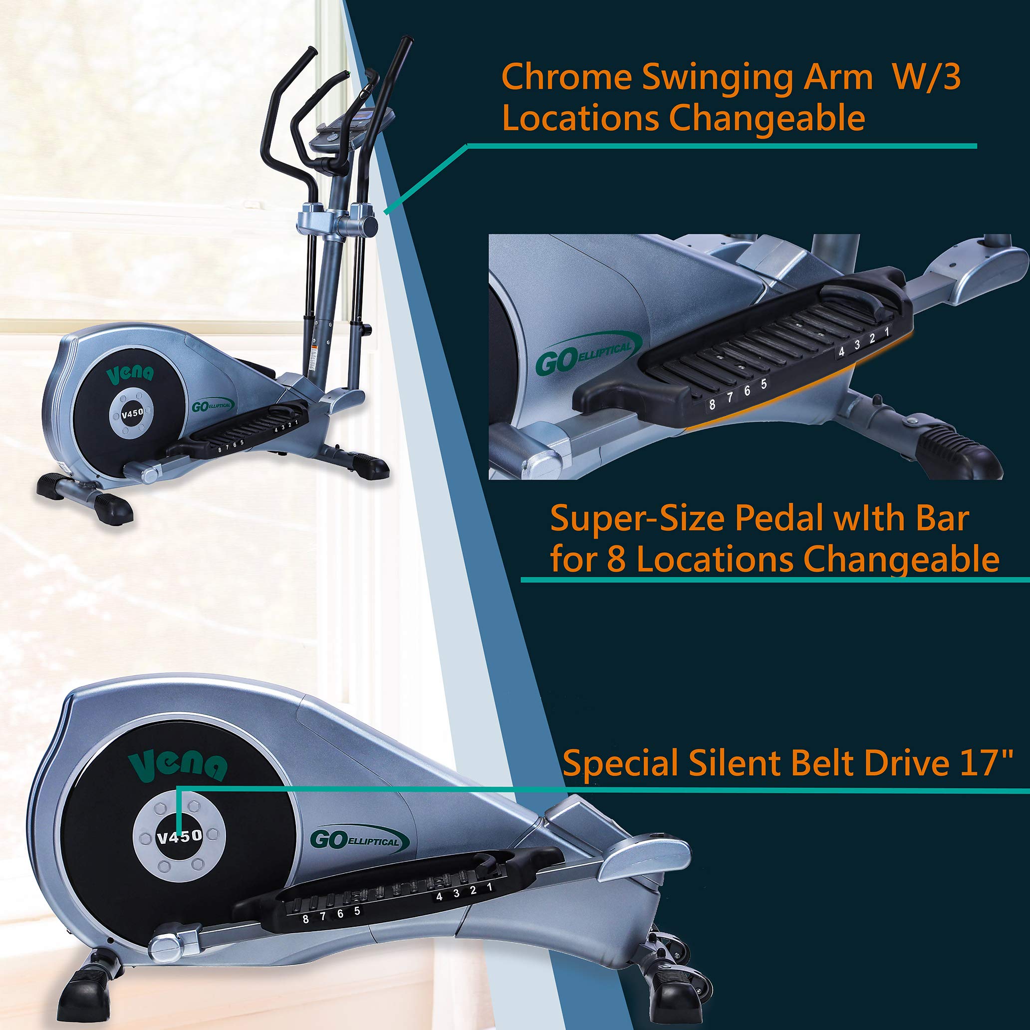 V-450 Standard Stride 17 Programmable Elliptical Exercise Cross Trainer wAdjustable Arms & Pedals HRC Control Program for Cardio Fitness Strength Conditioning Workout product thumbnail 6