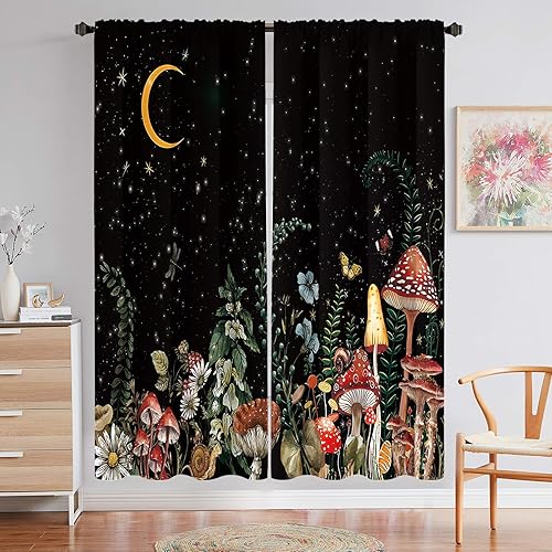 Miniatura 10 de Miyotaa Cortinas de ventana con diseño de hongos, 2 paneles de 42 pulgadas de ancho x 63 pulgadas de alto, bolsillo para barra, noche negra, gótica,