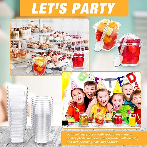 Miniatura 7 de Eaasty 100 juegos de tazas de postre de 5 onzas con tapas y cucharas de plástico para yogur, parfait y aperitivo, vasos redondos y cuadrados para