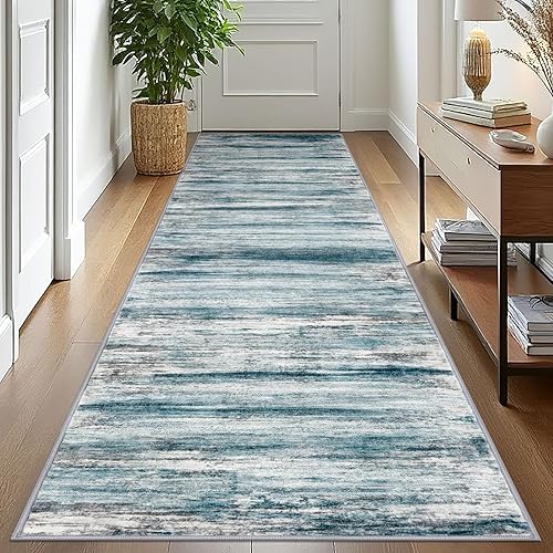 Miniatura 147 de KOZYFLY Alfombra moderna abstracta lavable de 2.6 x 10 pies, antideslizante, suave, alfombra de camino de cocina, alfombra a rayas azules óxido para