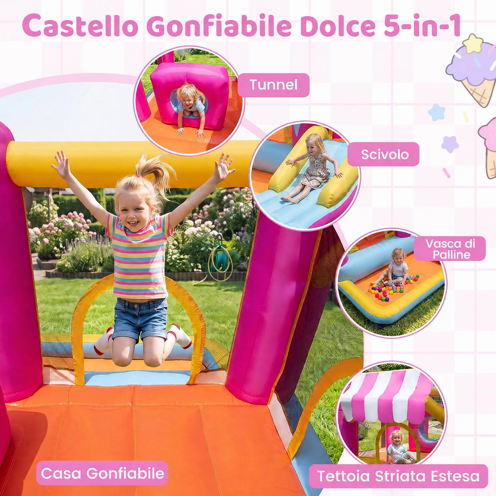 COSTWAY Castello Gonfiabile per Bambini 3-12 Anni | Casa Gonfiabile per Interno ed Esterno con Trampolino con Ostacolo, Scivolo, Piscina con 50 Palline, 7 Picchetti e Borsa