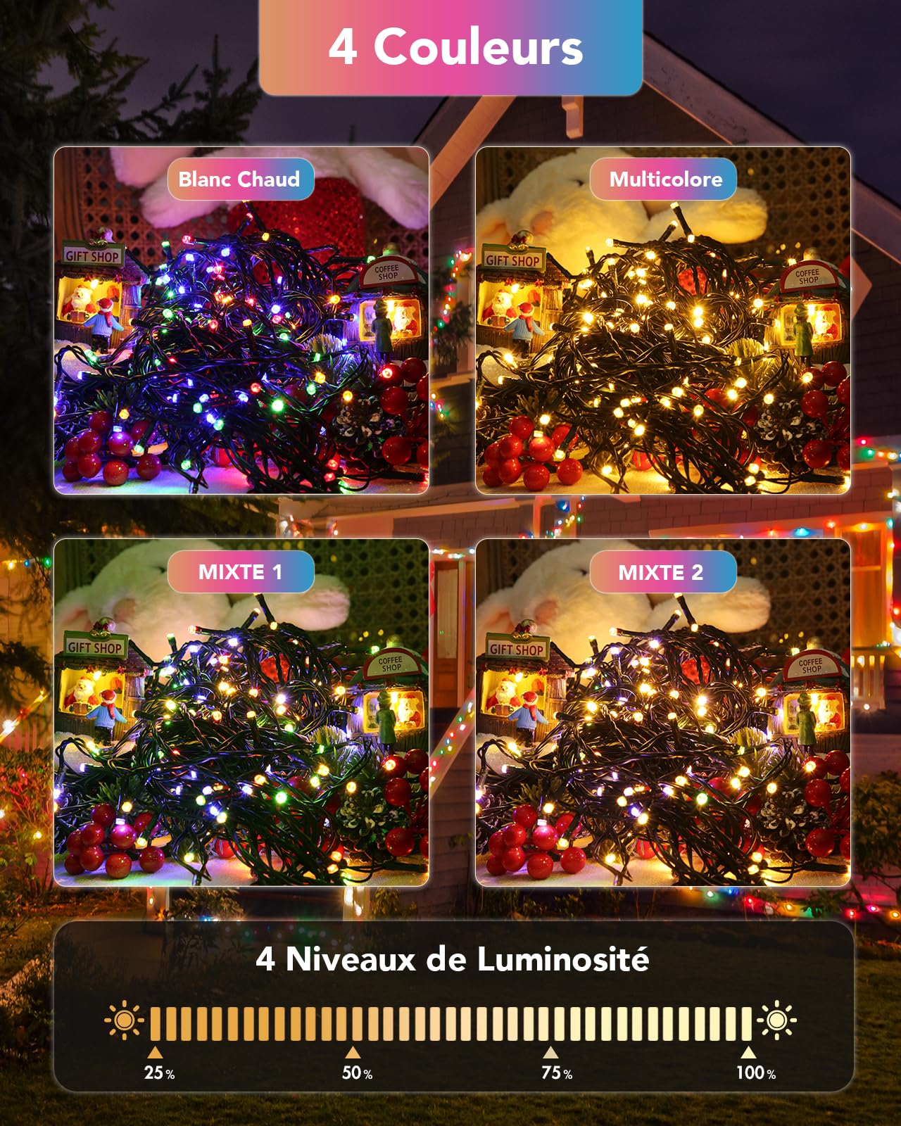 Guirlandes Lumineuses de Noël 50 m, 500 LED, Guirlande Lumineuse avec 11 Modes, IP44, Décoration pour Noël, Fête, Mariage, Patio, Jardin, Festival (Blanc Chaud et RVB)