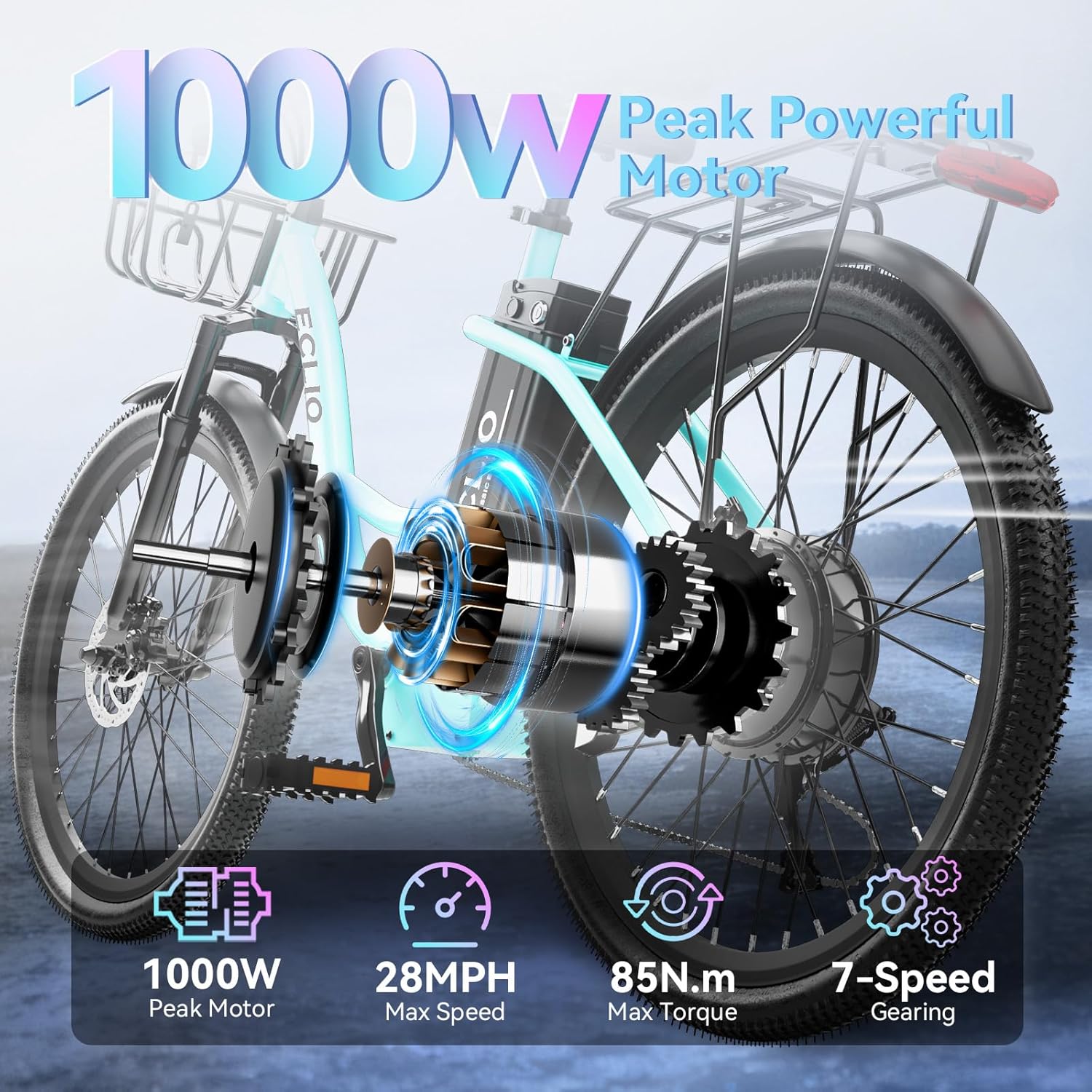 DDC SPORT 24'' Electric Bike, Peak 1000W/700W Motor 28/20MPH, 48V/36V Removable Battery, Step Thru City Cruiser Ebike, Commuter E Bike, 7-Speed, Front Basket