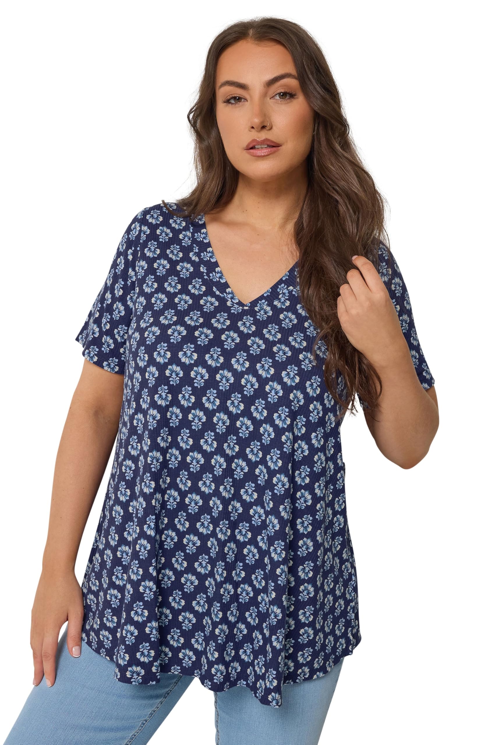 Yours Women's Navy Curve Blue Floral Swing Top - Plus Size Curve