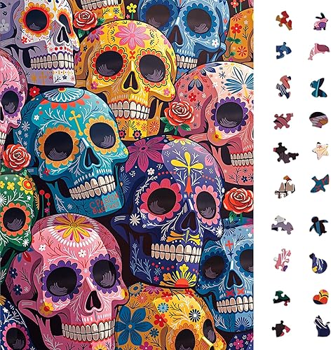 Rompecabezas de 1000 piezas para adultos, coloridas ilustraciones de calavera floral con acabado mate, parte trasera codificada por colores para una