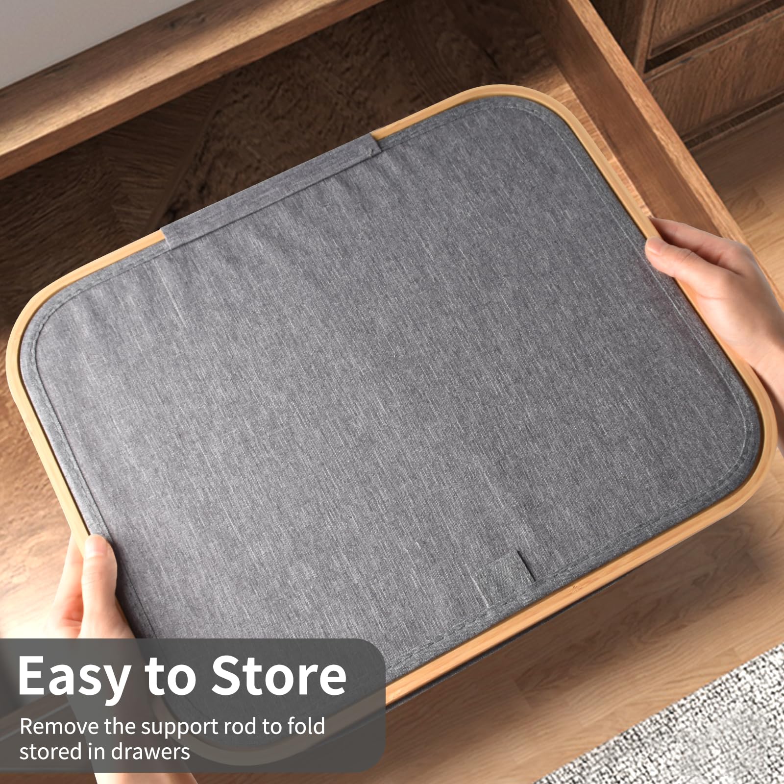 Cesto portabiancheria con coperchio, 86 l, con manici in bambù e borsa interna rimovibile, cesto per vestiti sporchi, per camera da letto, armadio, bagno, grigio