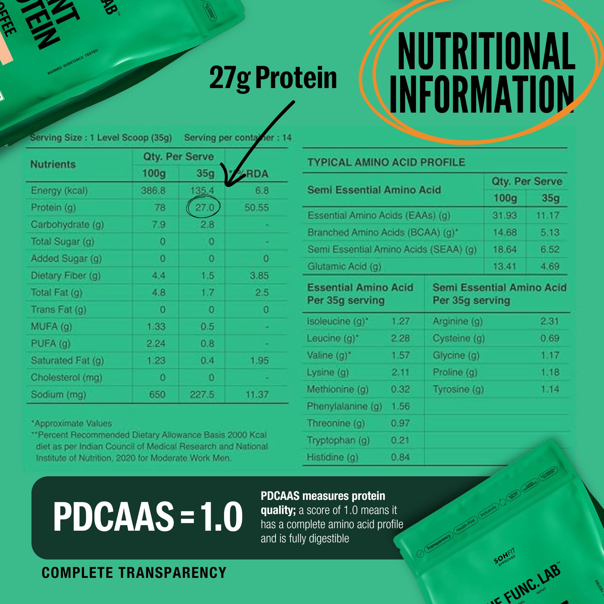 The Func. Lab Plant Protein for Men and Women – Coffee Flavour | 1 kg | 27g Protein per Scoop | Pea and Rice Blend | Vegan, Sugar‑Free | Gut Friendly, Vegetarian — Amazon image 8
