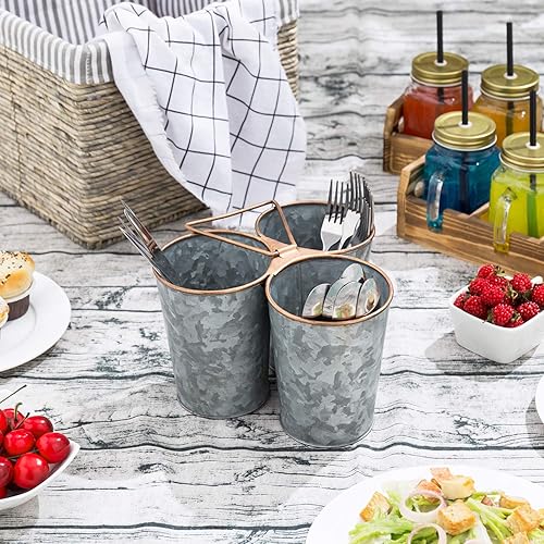 Miniatura 2 de MyGift Organizador de utensilios de metal galvanizado con 3 compartimentos, borde y asa de cobre, almacenamiento de cubiertos para encimera,