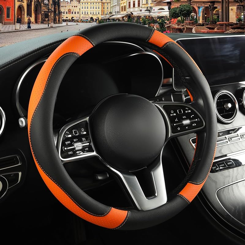 Black Orange Microfiber Leather Steering Wheel Cover 15 inch | Breathable Anti Slip Grip Cool Sporty Look Glow for Women Men
