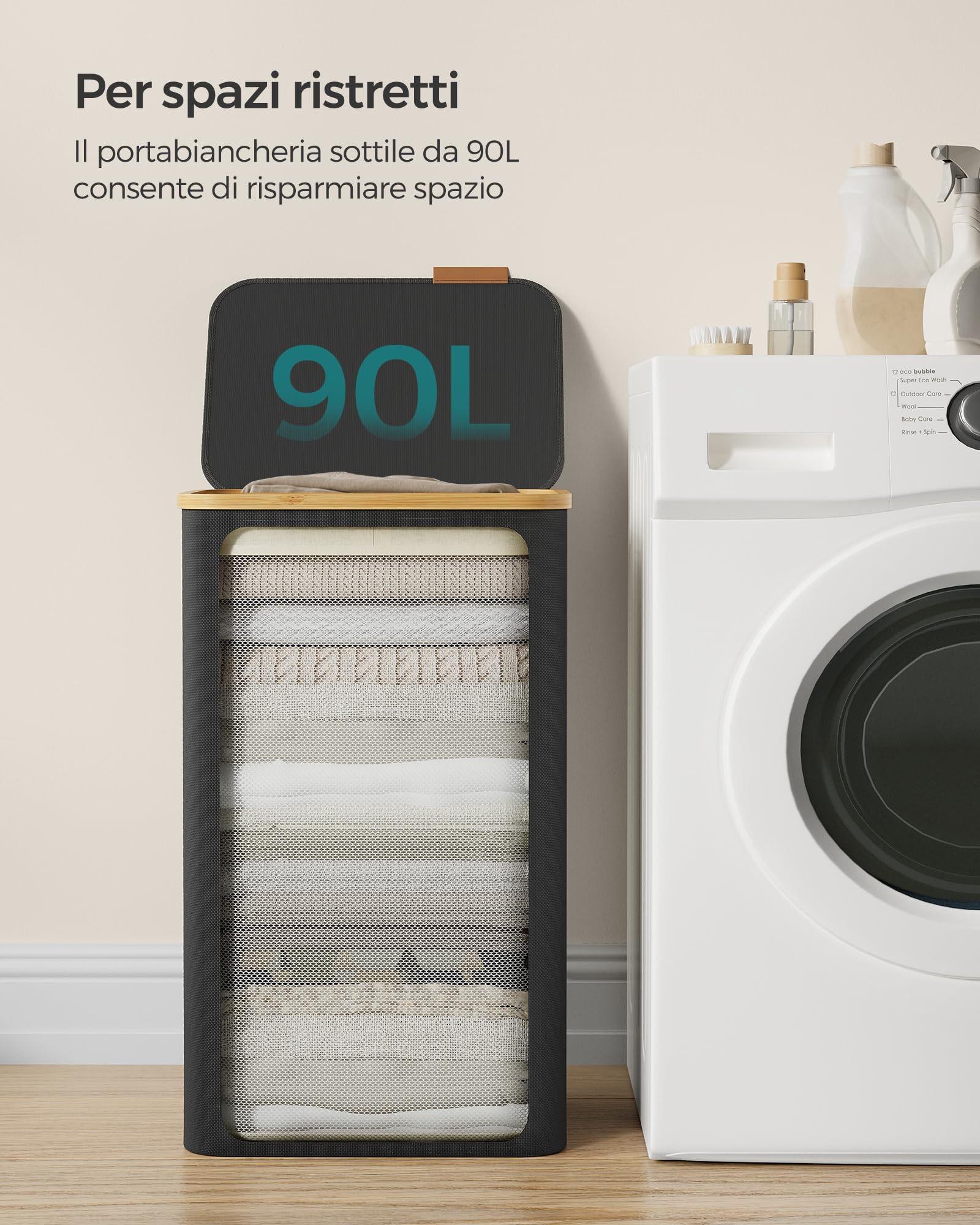 SONGMICS Cesto Portabiancheria con Coperchio, Cesta per Bucato, 90L, Salvaspazio, Sacco Rimovibile, Tessuto Oxford, Manici di Bambù, Pieghevole, 42 x 32 x 70,5 cm, Nero Inchiostro LCB509B01