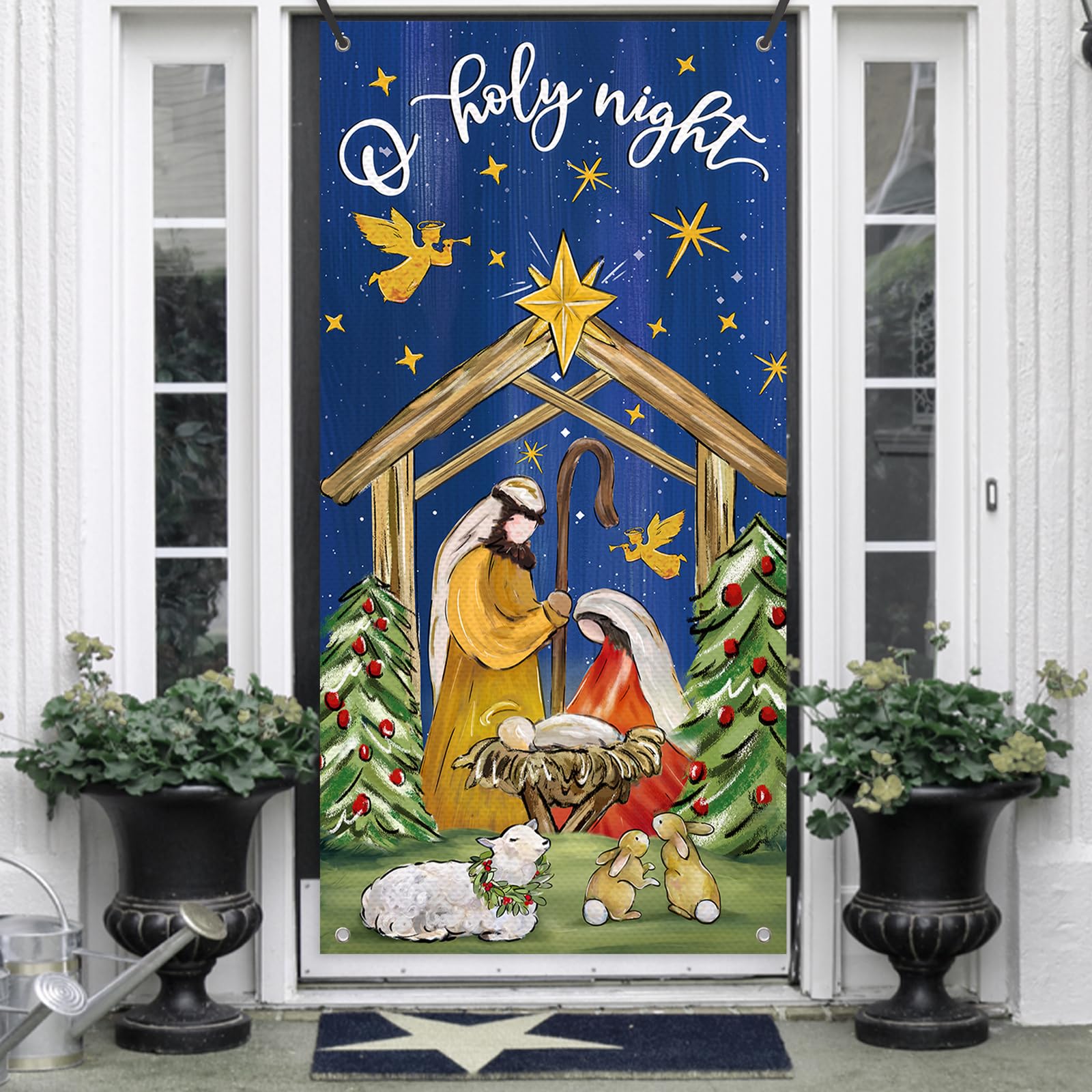 Deroro Christmas O Holy Night Religious Door Cover Decorations, Xmas Jesus Nativity Scene Sheep Rabbit Front Door Banner Background, Winter Holiday Farmhouse Indoor Outdoor Home Decor 3 x 6 FT