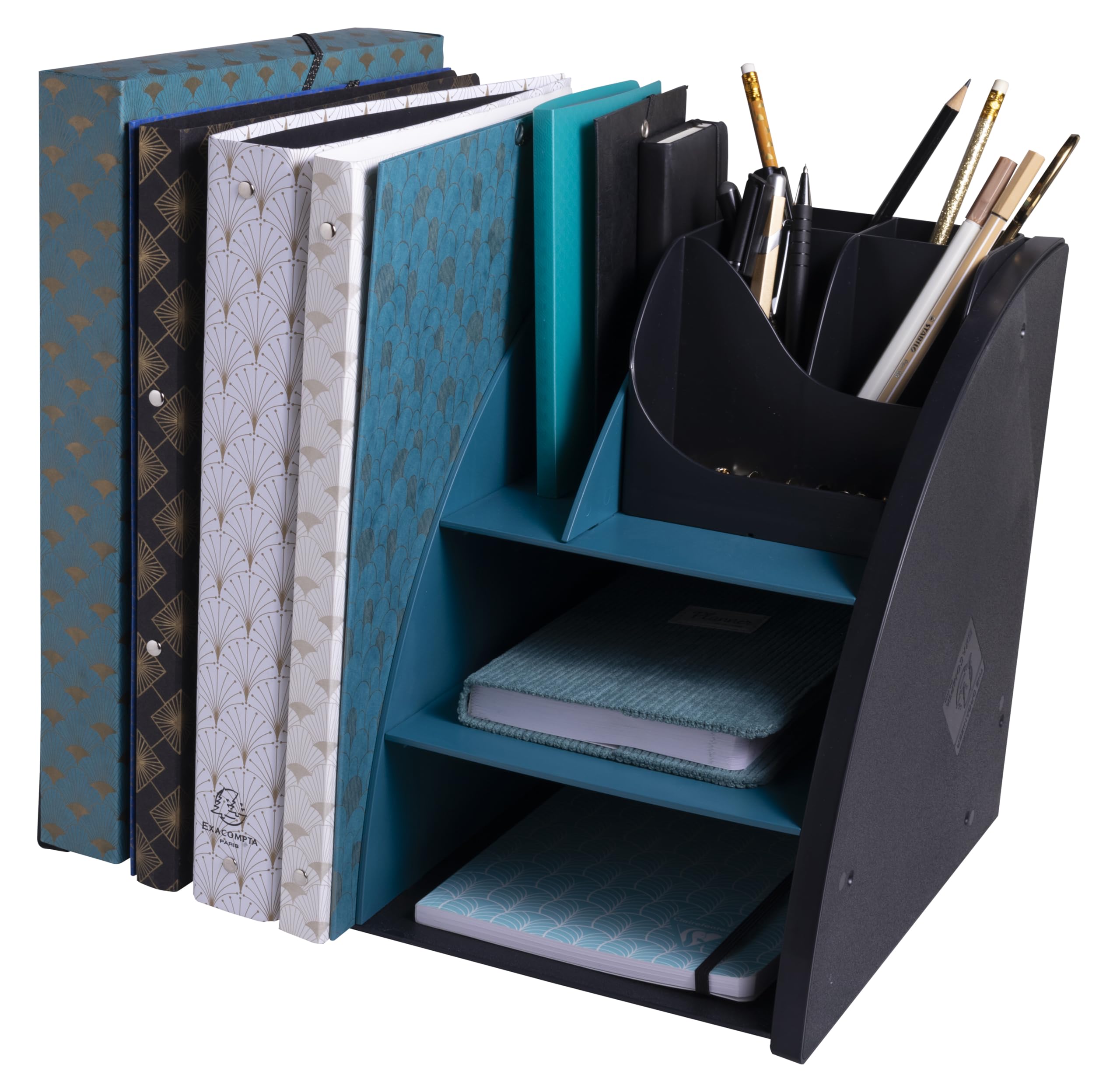 EXACOMPTA - Rif. 394505D - 1 organizer da scrivania, organizer NeoDeco, accessorio da scrivania multifunzionale 6 scomparti A4, A5, A6 verticale/sdraiato, prof 36 x 29,5 x 6 cm, nero/blu anatra