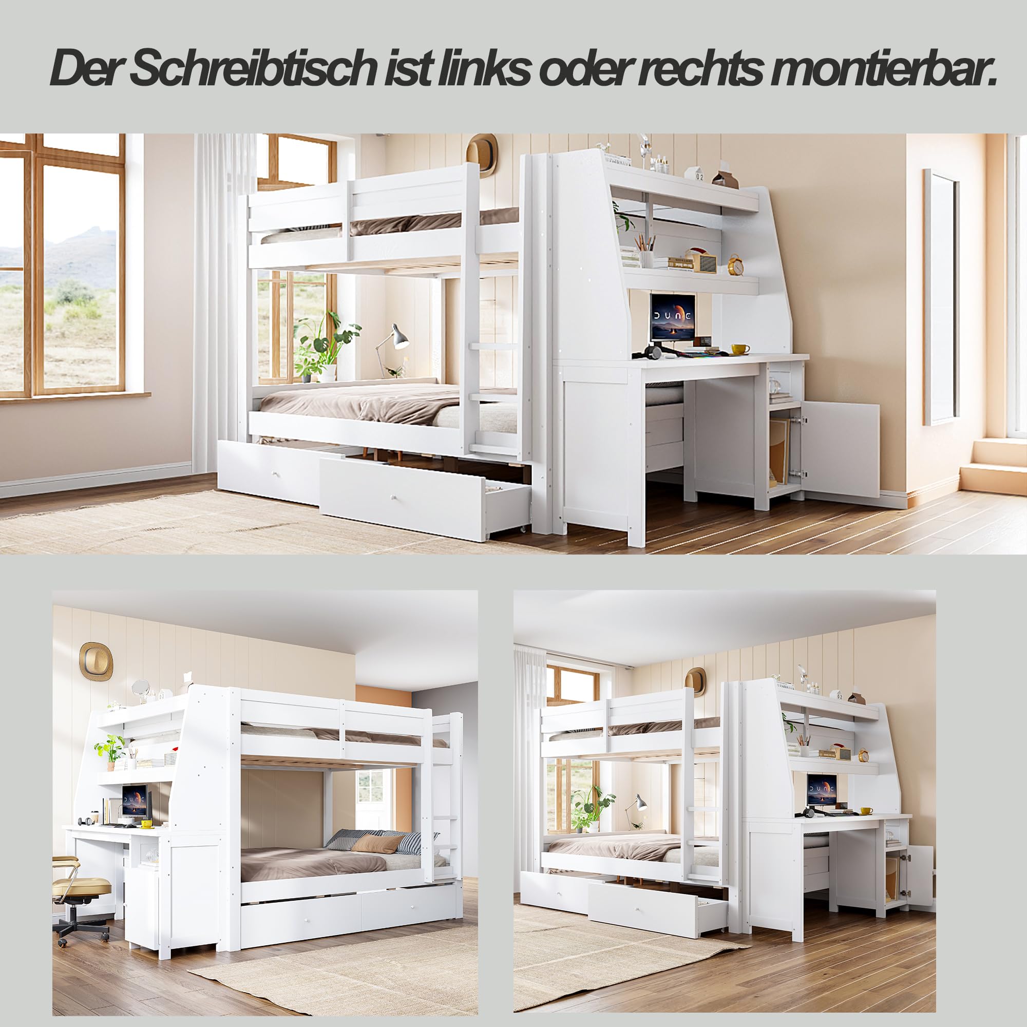 Merax Grand lit superposé 140 x 200 cm avec armoire latérale intégrée (déplacement gauche/droite), bureau, étagère, tiroirs - Blanc (sans matelas)
