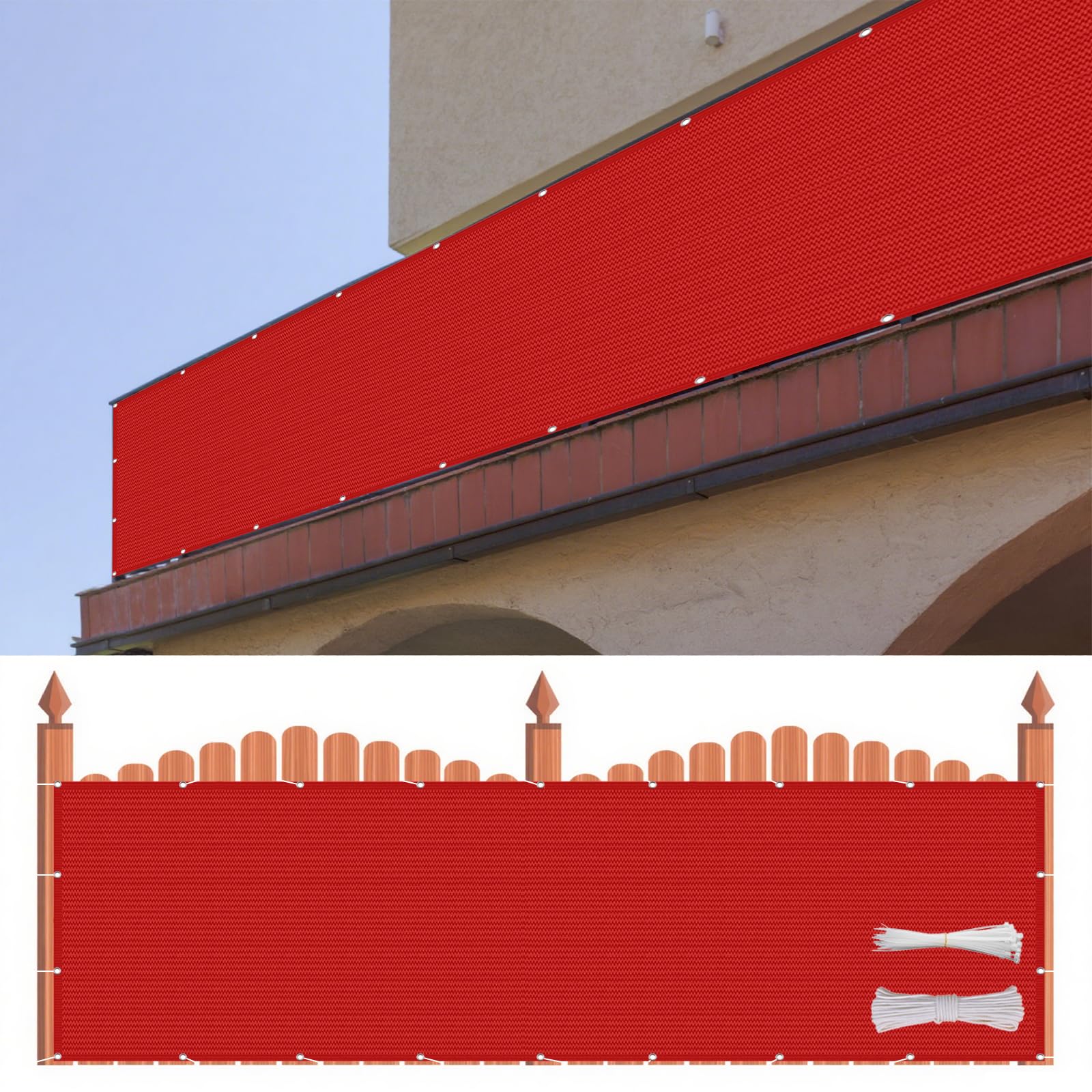 Recinzione Copertura 130 x 360 cm Tessuto HDPE da 220 G/M², Leggera e Durevole, Balcone Protezione Della Privacy Schermo con Fascette e Funi per Balcone Giardino Terrazza, Rosso