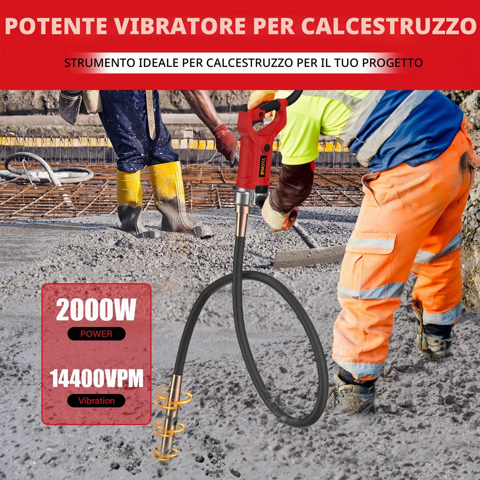 IMAYCC 2000W Vibratore per Calcestruzzo, Vibratore da Costruzione Elettrico 4300 giri/min, Lunghezza asta Vibrante 2m, Diametro albero Vibrante 38mm, per Strade Tunnel Ponti Case ecc.