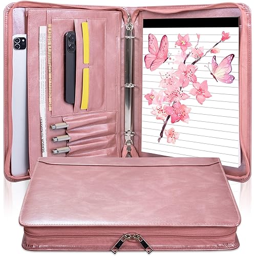 Rose Gold Padfolio,Vegan Leather Portfolio for Women,3-Ring Binder with Zipper, A4 Planner Binder with Laptop Pocket,Legal Size Portfolio,WorkBinder Organizer for Women and Girls
