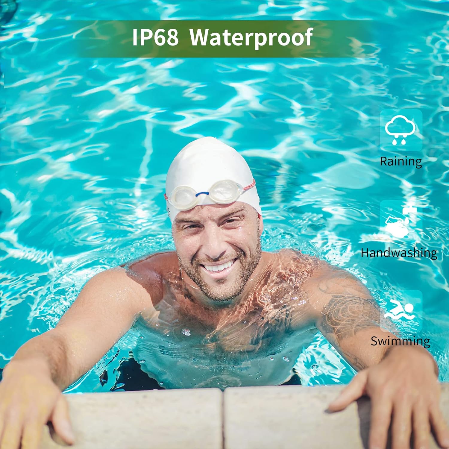 Man swimming with MAXTOP T5 Smartwatch, indicating IP68 waterproof rating