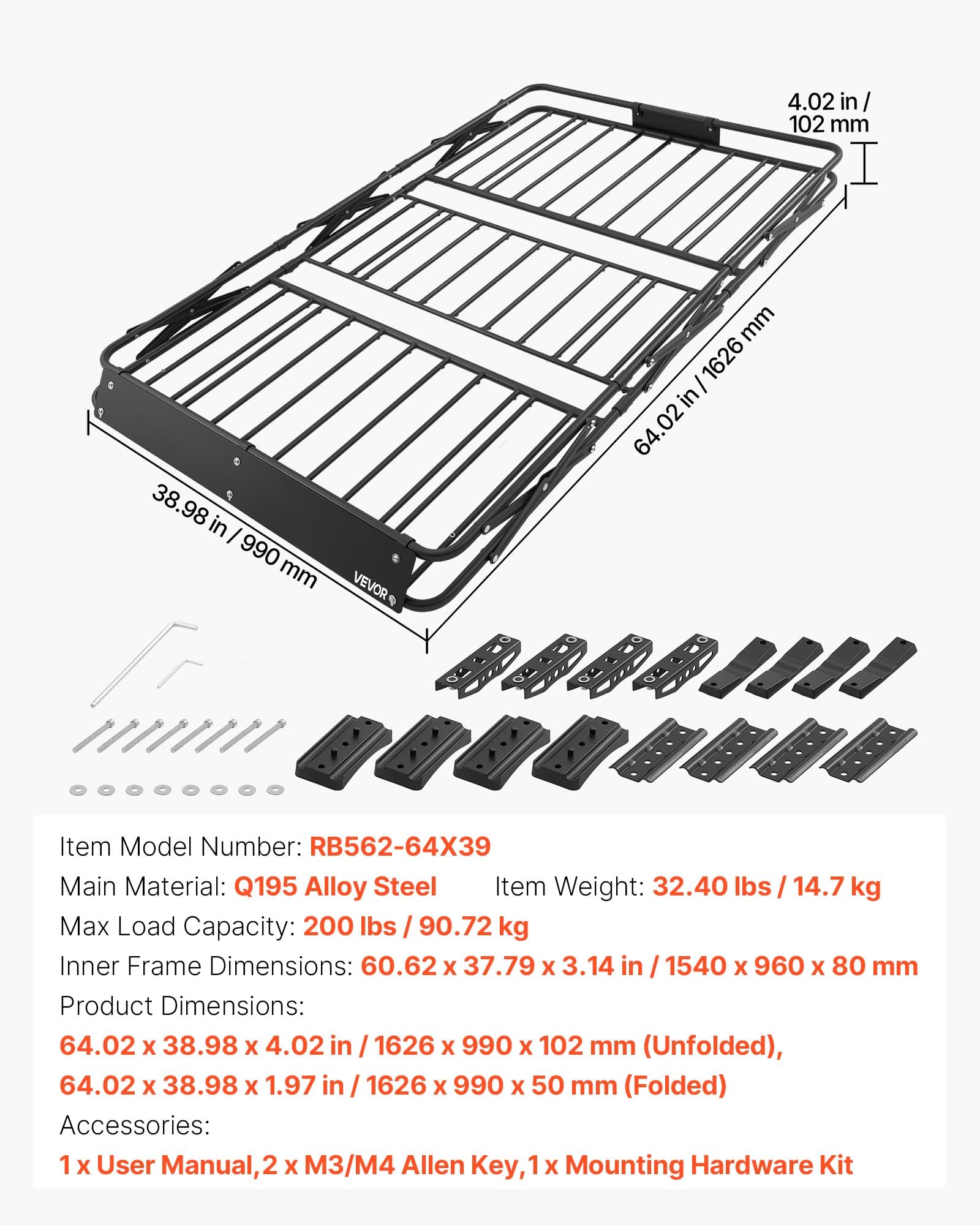 VEVOR Barra Portapacchi da Tetto da Auto, Portapacchi da Tetto per Auto 1626 x 990 x 102 mm Telaio Pieghevole a Forma di X, Carico max 90,72 kg Universale per SUV Furgoni, Campeggio, Viaggio, Pesca