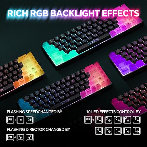 Miniatura 6 de CHONCHOW Teclado LED 60% para juegos RGB, 68 teclas, teclado con cable con 10 efectos preestablecidos, interruptor mecánico, sensación compatible